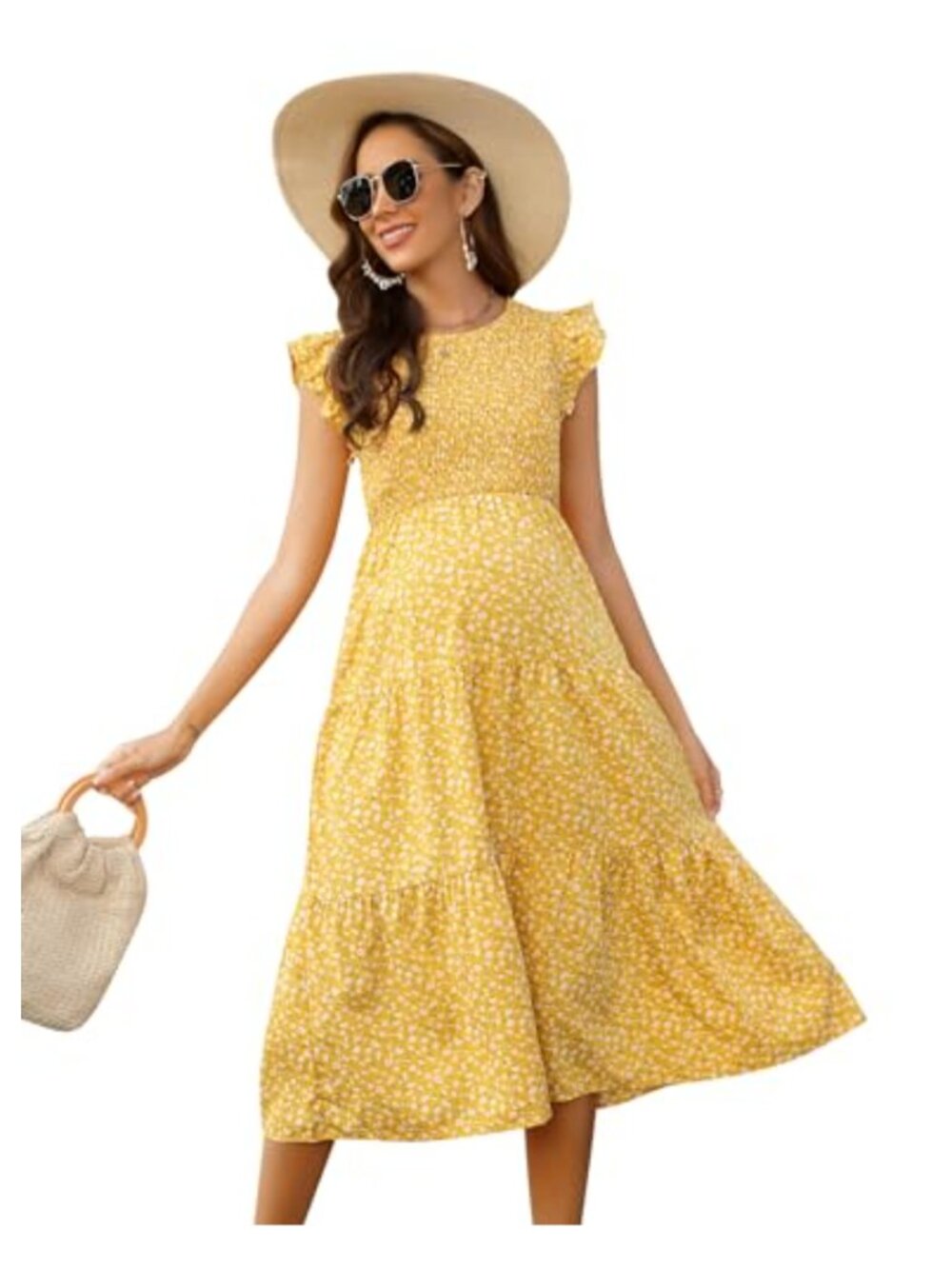 Maternity Smocked Flutter Sleeve Maxi Dress Casual Crew Neck Baby Shower